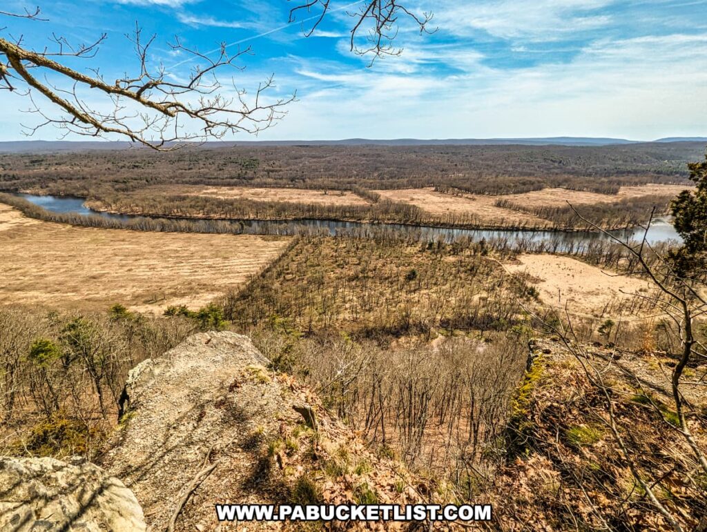 An expansive view from the Cliff Trail in Pike County, Pennsylvania, overlooking a wide curve in the Delaware River. The river is flanked by large open fields in the middle distance and dense woodlands stretching to rolling hills on the horizon. The foreground features rocky outcrops and barren trees, with a single branch prominently reaching into the clear blue sky, hinting at the rugged terrain of the overlooks. The landscape is a patchwork of late winter and early spring colors, capturing the stark beauty of the season.
