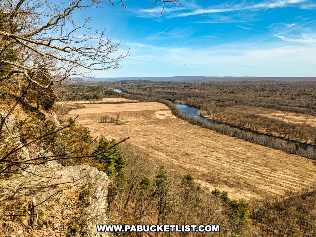 A striking view from the Tri-State Overlook along the Cliff Trail in Pike County, Pennsylvania, with the Delaware River curving through a large, open, beige-colored field bordered by leafless deciduous trees. The foreground features rugged cliff edges and bare branches that frame the scene, highlighting the elevation above the river. Beyond the immediate landscape, the river is flanked by dense forests that stretch to the blue hills on the horizon beneath a broad, clear sky. This vantage point captures the river’s journey through a variety of terrains, showcasing the natural diversity of the region.