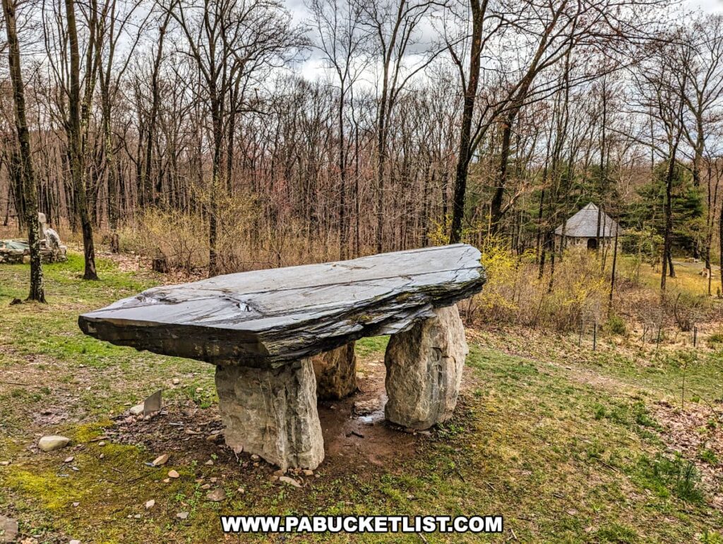 A large, flat slate slab supported by three upright stones forms a table-like structure in the foreground of a wooded landscape at Columcille Megalith Park. The slab's surface is smooth, with the coloration ranging from dark grey to black. Behind the megalithic structure, the leafless trees of early spring stand with a gazebo-like wooden structure visible in the middle distance, surrounded by a grassy clearing and more forested areas. The park's atmosphere is tranquil, with the overcast sky contributing to the serene and ancient feel of the setting.