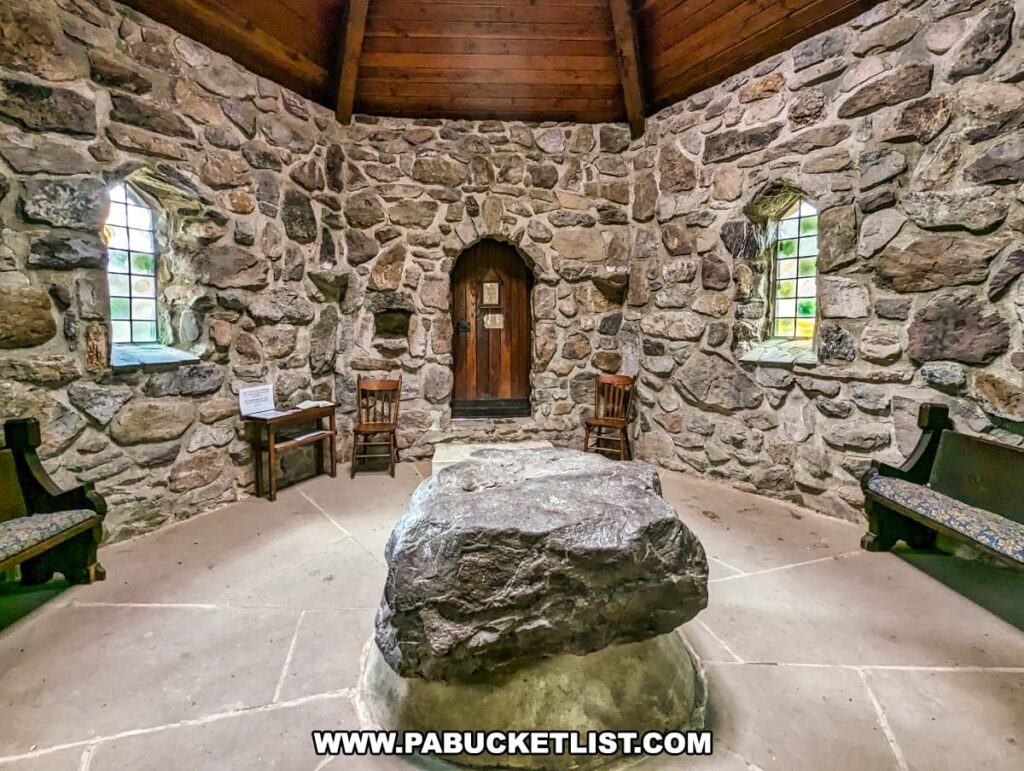 The photo presents the interior of St. Columba Chapel at Columcille Megalith Park, featuring stone walls and a wooden beamed ceiling. At the center of the room rests a large, irregularly shaped boulder, while simple wooden benches and chairs provide seating along the perimeter. Small, leaded windows allow natural light to enter, creating a peaceful and contemplative space within the chapel. A small wooden door offers access to the intimate sanctuary, which embodies the rustic and spiritual atmosphere of the park.