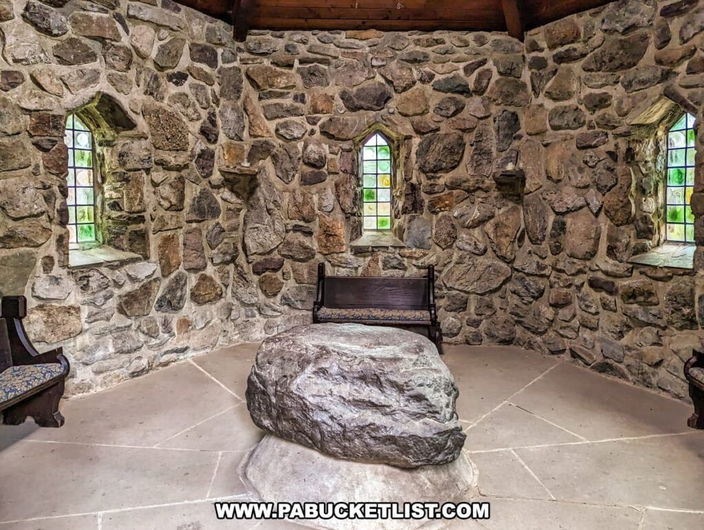 The interior of St. Columba Chapel at Columcille Megalith Park is depicted, highlighting the stone construction with variously shaped and sized stones composing the walls. Leaded glass windows of different heights punctuate the walls, offering views of the surrounding greenery. In the center of the chapel is a massive stone slab, akin to an altar, flanked by wooden benches with ornate, dark wood ends. The space feels ancient and serene, inviting quiet contemplation and reflection.