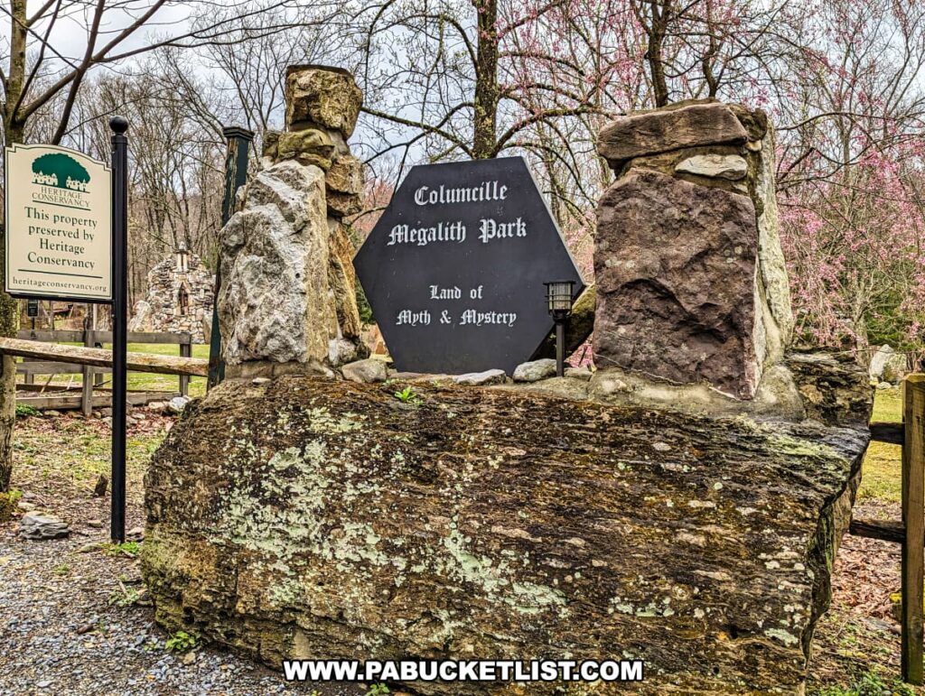 The image shows the entrance sign to Columcille Megalith Park, declaring it the "Land of Myth & Mystery." The sign is black with white lettering, flanked by natural, large stones and set upon a moss-covered boulder. To the left, a green Heritage Conservancy sign indicates the park's preservation status. The background features budding trees, indicating early spring, and a glimpse of the park's stone structures, inviting visitors to explore further.