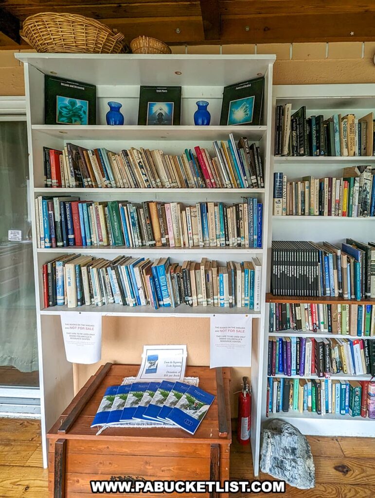 The photo captures the interior of a resource center at Columcille Megalith Park, with a large bookshelf filled with an array of books. The collection seems to focus on spirituality, mythology, and nature, reflecting the park's thematic interests. Above the books, decorative items, including a pair of blue vases and framed pictures, adorn the space. In the foreground, informational brochures are spread out on a wooden chest, and a sign indicates that the books are not for sale. A large stone is placed near the shelf, symbolizing the park's connection to megalithic structures.