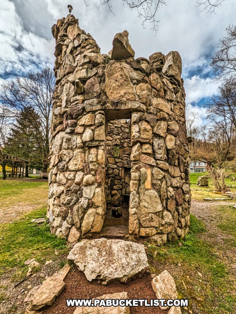A rustic stone tower with a small arched entrance stands against a cloudy sky in Columcille Megalith Park. The tower, made of variously sized and colored stones, rises to a jagged peak, with several large stones at the top leaning outwards, reminiscent of natural rock formations. The structure appears ancient and monolithic, evoking the essence of a bygone era. Surrounding the tower is a grassy area with scattered boulders and trees in the background, suggesting a serene and historical setting within the park.