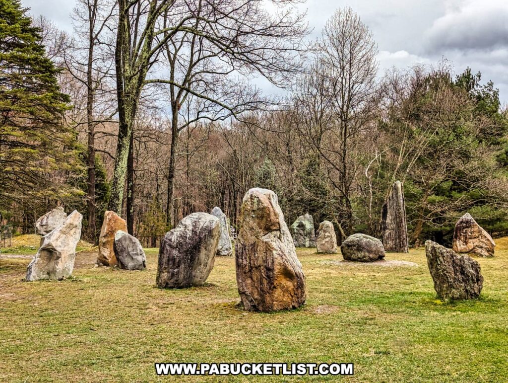 In a grassy clearing of Columcille Megalith Park, a circle of large, upright stones stands against a backdrop of trees. The stones vary in shape, size, and color, ranging from muted whites to greys and speckled patterns, reminiscent of a prehistoric stone circle. The surrounding landscape is a tapestry of early spring with leafless deciduous trees and evergreens, under a cloud-filled sky, creating a scene that feels both ancient and timeless.