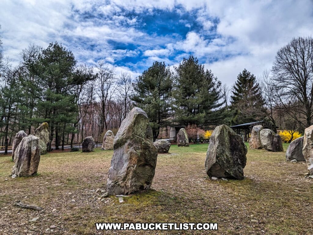 The photo captures a collection of large standing stones in a clearing at Columcille Megalith Park. The stones, of various shapes and sizes, are arranged in a casual, open formation. Leafless trees and evergreens create a natural backdrop to the stone circle, while a bright patch of yellow flowering bushes adds a dash of color to the otherwise muted early spring palette. The sky above is a dramatic mix of blue and white, with clouds spread across, enhancing the ancient and mystical atmosphere of the setting.