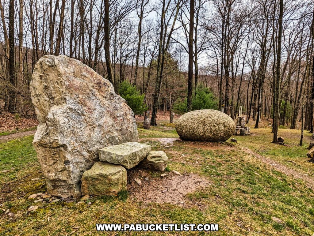The image shows a striking rock formation at Columcille Megalith Park with a large, upright stone dominating the foreground, accompanied by smaller supporting stones. In the middle distance, a spherical boulder contrasts with the verticality of the other elements. The arrangement is set against a backdrop of bare deciduous trees, with hints of greenery indicating the approach of spring. Paths wind through the park, inviting visitors to explore the serene landscape reminiscent of ancient megalithic sites.