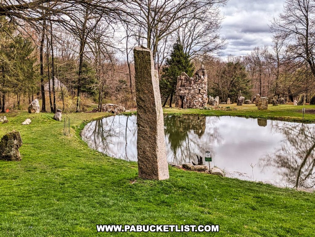 The photo captures a serene view of Columcille Megalith Park, with a tranquil pond reflecting the cloudy sky and surrounding trees. A collection of standing stones and a notable stone tower are visible in the background, harmonizing with the natural landscape. The lush green grass around the pond adds vibrancy to the scene, which is both peaceful and evocative of the park's megalithic inspiration.