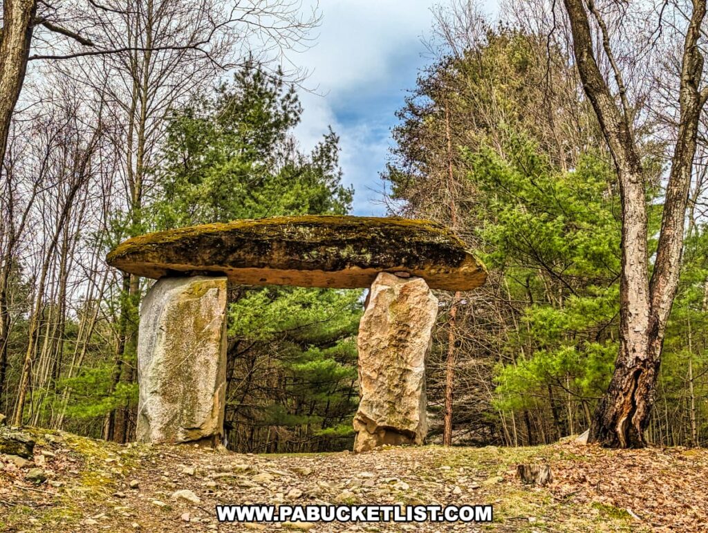 The image showcases a striking stone structure at Columcille Megalith Park resembling a dolmen, with a large, flat top stone resting horizontally upon two robust, upright stones. The structure is set among a natural wooded landscape, with leafless trees and evergreens framing the scene. The forest floor is scattered with fallen leaves and the overcast sky above suggests a cool, tranquil environment, reminiscent of ancient megalithic sites.