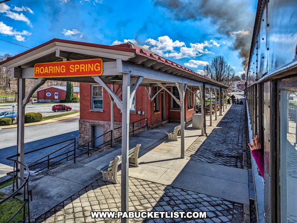 The photo shows a view from the Everett Railroad's passenger train during the "Spring into the Cove" excursion, with the historic Roaring Spring train station platform coming into sight. The bright red structure with white trim and the station's name in bold yellow letters creates a welcoming sight for travelers. Passengers on the train, visible through the windows, are poised to disembark, while others on the platform anticipate boarding. Cobblestone paving and classic park benches line the platform, inviting a moment of rest and reflection. In the background, the quintessential small-town Americana setting is evident with a red car passing by, all under the expansive blue sky punctuated with fluffy clouds. The scene captures the timeless allure of rail travel through the heart of Pennsylvania.
