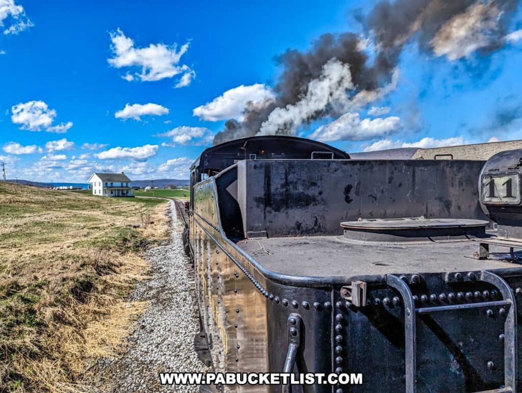A vintage steam locomotive, marked with the number 11, chugs along a gravel track cutting through the tranquil farmland of Pennsylvania on the Everett Railroad. Billowing plumes of dark smoke pour from its stack, contrasting with the vibrant blue sky dotted with wispy clouds. To the left, a modest white farmhouse sits peacefully in the distance, surrounded by the wide-open green spaces characteristic of Morrison's Cove. The sturdy metal back of the train engine reflects a time of industrial power and romantic rail travel. The landscape is serene and spacious, epitomizing the rural beauty of the region between Hollidaysburg and Martinsburg, PA, during the "Spring into the Cove" excursion.