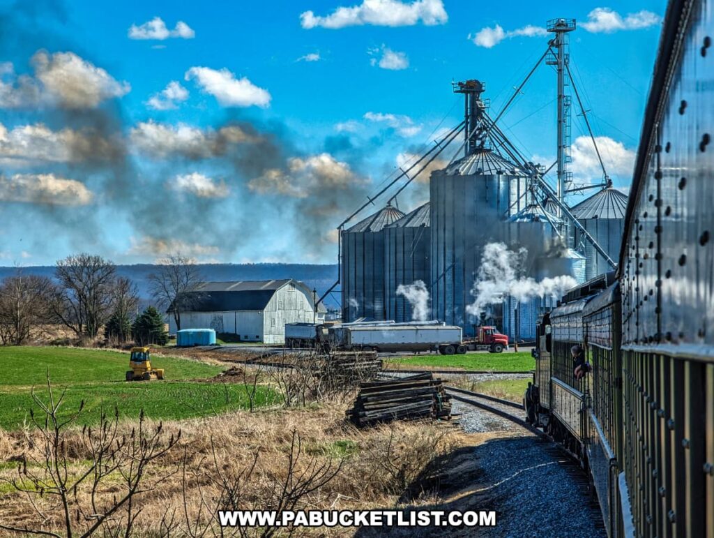 The scene unfolds from the vantage point of a passenger aboard the Everett Railroad's excursion train, with a sprawling agricultural feed mill complex dominating the view. Large silos reach toward the sky, interconnected with a network of walkways and chutes, a symbol of the region's agricultural industry. Wisps of steam or dust rise from the operation, mingling with the clouds above and adding to the industrial character of the landscape. In the foreground, the side of a classic railcar gleams in the sunlight, guiding the eye along the tracks that meander past the mill. A tractor stands in a nearby field, representing the ongoing work and cultivation of the land, while a red truck parked beside the mill provides a splash of color to the pastoral setting. This image captures a moment where the historic charm of train travel meets the industrious spirit of rural Pennsylvania.