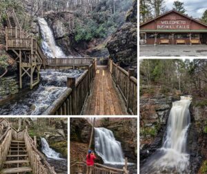 A collage of five images encapsulates the diverse experiences at Bushkill Falls, Pike County, Pennsylvania. The top left image displays a robust observation deck overlooking a cascading waterfall. Adjacent to it on the right, the park's entrance building welcomes visitors with a large "Welcome to Bushkill Falls" sign. Below, a wooden walkway stretches over rushing waters, leading visitors through the tranquil environment. The bottom left shows a set of wooden stairs winding through the forest, offering a rustic path for exploration. Finally, a visitor in red, centered in the bottom right, photographs one of the park’s majestic waterfalls, highlighting the picturesque beauty and recreational opportunities available in this section of the Pocono Mountains, all embraced by the park's well-crafted wooden structures.