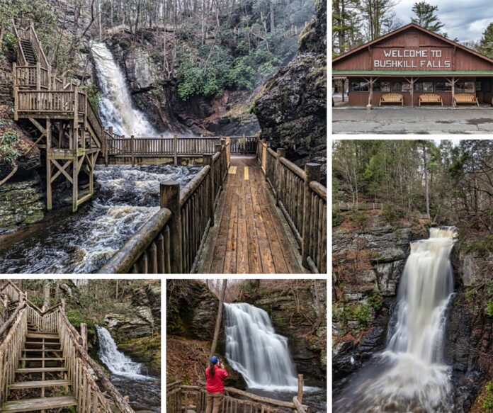 A collage of five images encapsulates the diverse experiences at Bushkill Falls, Pike County, Pennsylvania. The top left image displays a robust observation deck overlooking a cascading waterfall. Adjacent to it on the right, the park's entrance building welcomes visitors with a large 