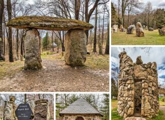 The collage features five images from Columcille Megalith Park. The central photo is a close-up of a large dolmen with a flat top stone supported by two standing stones, creating a doorway effect. The top-right photo displays a circle of varied standing stones set in a grassy field with trees in the background. In the top-left, there's a view of a stone circle from a distance, showcasing the arrangement's scale within the landscape. The bottom-left picture highlights the park's entrance sign, nestled among boulders. Lastly, the bottom-right image shows a rustic stone tower, reminiscent of ancient European standing stones, with its irregularly stacked rocks reaching skyward.