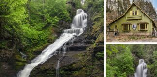 A collage featuring five images from Dingmans Falls in Pike County, Pennsylvania. The top left and bottom center photos capture the falls in full force, with water cascading down a series of rocky ledges surrounded by lush greenery. The top right picture showcases the olive-green visitor center with its yellow details and the National Park Service emblem, nestled in the woods. A footbridge leading through the verdant forest is the focus of the bottom left image, inviting exploration. Finally, the bottom right photo offers a close-up of a smaller cascade, with a wooden staircase alongside it, emphasizing the natural rugged terrain of the area. Together, these images create a comprehensive visual tour of the Dingmans Falls area, highlighting both the powerful beauty of the falls and the facilities that welcome visitors to this scenic destination.