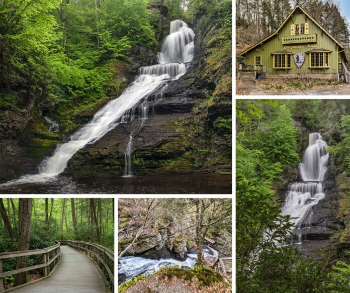 A collage featuring five images from Dingmans Falls in Pike County, Pennsylvania. The top left and bottom center photos capture the falls in full force, with water cascading down a series of rocky ledges surrounded by lush greenery. The top right picture showcases the olive-green visitor center with its yellow details and the National Park Service emblem, nestled in the woods. A footbridge leading through the verdant forest is the focus of the bottom left image, inviting exploration. Finally, the bottom right photo offers a close-up of a smaller cascade, with a wooden staircase alongside it, emphasizing the natural rugged terrain of the area. Together, these images create a comprehensive visual tour of the Dingmans Falls area, highlighting both the powerful beauty of the falls and the facilities that welcome visitors to this scenic destination.