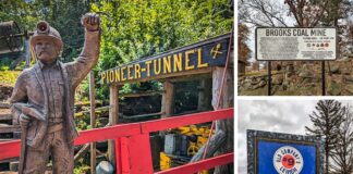 Collage of five photos featuring various Pennsylvania underground coal mine tours. The top left shows a statue of a miner with a raised lamp next to the 'Pioneer Tunnel' train car. The top right displays the 'Brooks Coal Mine' sign against a stone wall and trees. The center right picture has a colorful sign welcoming visitors to 'No. 9 Mine,' with 'Old Company’s Lehigh' at the top. The bottom left is the entrance to 'Tour-Ed Mine' with a yellow banner greeting visitors. The bottom right captures the entrance sign to 'The Lackawanna Coal Mine Tour' with the tour facility in the background.