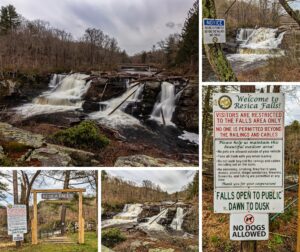 This collage of five photos provides a comprehensive view of Resica Falls within the Scout Reservation in Monroe County, Pennsylvania. The centerpiece is the broad, tiered waterfall, its white streams rushing over rocky ledges, surrounded by a forest of bare trees with a bridge visible in the distance. Adjacent to this are images of the surrounding natural environment and signage that guide and inform visitors. One sign provides a welcome and lists the regulations for visitors, including the hours of public access from dawn to dusk and the prohibition of dogs. Another warns against going beyond the railings and cables for safety. The entrance sign to the scenic overlook, framed by wooden posts, marks the starting point for visitors to explore the falls. Together, these images encapsulate the experience of visiting Resica Falls, emphasizing the natural beauty and the importance of safety and preservation in this outdoor setting.