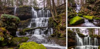 A collage of five images showcasing the scenic Salvatore Falls in State Game Lands 91, Luzerne County, Pennsylvania. The images display different perspectives of the waterfall's cascading waters over moss-covered rocks, an observer in a high-visibility orange vest taking a photo of the falls, and the lush forested environment surrounding the area. The bottom of the collage features a satellite map indicating the location of Salvatore Falls and the nearby parking area along Bald Mountain Road, providing context for the natural beauty captured in the photographs.