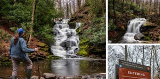 A collage of 5 photos from hiking to the three waterfalls along Slateford Creek in the Delaware Water Gap National Recreation Area in Northampton County Pennsylvania.