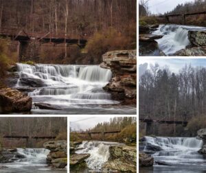 A stunning visual narrative is told through a collage of five images showcasing Tanners Falls in Wayne County, Pennsylvania. The images depict the dynamic flow of the falls, the rugged beauty of the layered rock formations, and the rustic charm of the bridge that arches over the river. Each picture captures a different angle, highlighting the waterfall's power and the tranquility of the surrounding forested area, bare of leaves. The ruins of an old tannery add a touch of historical mystique to the natural splendor of the site, inviting viewers to contemplate the past amidst the beauty of the falls.