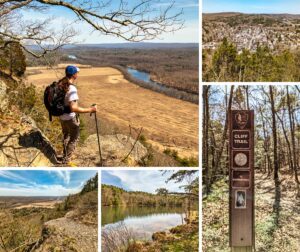 This collage showcases five photos from the Cliff Trail in Pike County, Pennsylvania. The large image on the left depicts a hiker observing the landscape from a high vantage point, looking out over the winding Delaware River and brown fields, indicative of the changing seasons. The hiker is equipped with a backpack and walking stick, emphasizing the adventurous nature of the trail. The top right image provides a scenic view of a small town nestled among hills and trees, highlighting the trail’s proximity to local communities. The middle right photo features a trail marker, denoting the Cliff Trail and directing towards Raymondskill, set against a background of a typical forest scene on the trail. The bottom left image captures another section of the trail with a rocky outcrop and a distant view of the river and fields, while the bottom right picture shows a serene lake bordered by evergreens and bare trees, reflecting the tranquility found along the trail. The collage as a whole encapsulates the variety of natural beauty along the Cliff Trail.