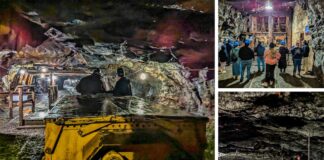 A collage of five photos offering a glimpse into the experiences at the Number 9 Coal Mine and Museum in Carbon County, PA. The top left image shows visitors seated in a yellow mine cart entering the dark depths of the mine. Adjacent is a photo of tourists wearing hard hats during a guided tour inside the cavernous mine tunnels. Below, there's an image capturing the interior of the museum with its exhibits and artifacts on display. To the right, a welcoming blue sign at the mine's entrance greets visitors. The final image features a solitary figure standing in the mine, dwarfed by the sheer size of the underground passage. This visual montage represents the educational journey that visitors can take through America's oldest coal mine.