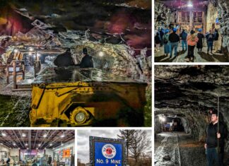 A collage of five photos offering a glimpse into the experiences at the Number 9 Coal Mine and Museum in Carbon County, PA. The top left image shows visitors seated in a yellow mine cart entering the dark depths of the mine. Adjacent is a photo of tourists wearing hard hats during a guided tour inside the cavernous mine tunnels. Below, there's an image capturing the interior of the museum with its exhibits and artifacts on display. To the right, a welcoming blue sign at the mine's entrance greets visitors. The final image features a solitary figure standing in the mine, dwarfed by the sheer size of the underground passage. This visual montage represents the educational journey that visitors can take through America's oldest coal mine.
