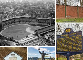 The collage presents a multifaceted view of Forbes Field's storied past through five images. An aerial black and white photo reveals the expansive stadium once surrounded by a dense neighborhood, capturing its glory days. Standing testament to time is the remnants of the outfield wall, with the distance "436 FT" boldly marked, juxtaposed against the current backdrop of the neighborhood. An informative historical marker offers a brief history of Forbes Field, commemorating its innovation in stadium design and the legendary sports moments it hosted, including its ultimate destruction by fire in 1972. In homage to the field's legacy, the original home plate is preserved and displayed underfoot, protected beneath a transparent cover for posterity. A statue of a baseball player, caught in a dynamic throw, serves as a vibrant tribute to the athletes who played there, symbolizing the enduring spirit of the Pittsburgh Pirates and their historic games. Together, these elements weave a visual story of celebration and remembrance, bridging the gap between Forbes Field's celebrated past and its physical traces that linger today.
