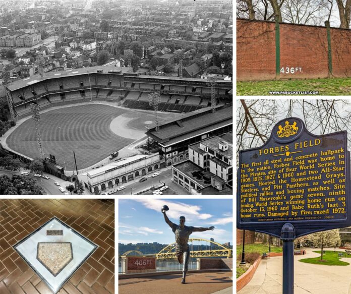 The collage presents a multifaceted view of Forbes Field's storied past through five images. An aerial black and white photo reveals the expansive stadium once surrounded by a dense neighborhood, capturing its glory days. Standing testament to time is the remnants of the outfield wall, with the distance 