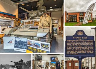 A collage of five photos showcasing the Stuart Tank Museum in Berwick, Pennsylvania, featuring an interior view with a Stuart tank and military mannequins, the museum's exterior with an 'OPEN' flag, a historical marker detailing the factory's production during WWII, and additional displays including a black and white photo of a Stuart tank and a variety of military memorabilia.