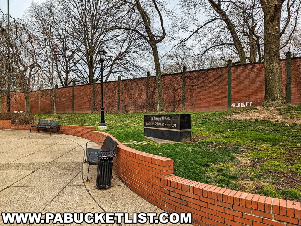 A present-day photograph of the remaining portion of the outfield wall from historic Forbes Field in Pittsburgh's Oakland neighborhood. The red brick wall stands tall, with the distances marked in white paint showing "457 FT" to the left and "436 FT" to the right, indicating the original dimensions of the ballpark. In front of the wall is a paved walkway with benches and a street lamp, offering a place for visitors to sit and reflect. A plaque for the Joseph M. Katz Graduate School of Business is also visible, indicating the site's proximity to the current University of Pittsburgh campus. This preserved piece of the wall serves as a tangible connection to the storied past of the Pittsburgh Pirates and the games once played within the now-vanished stadium.