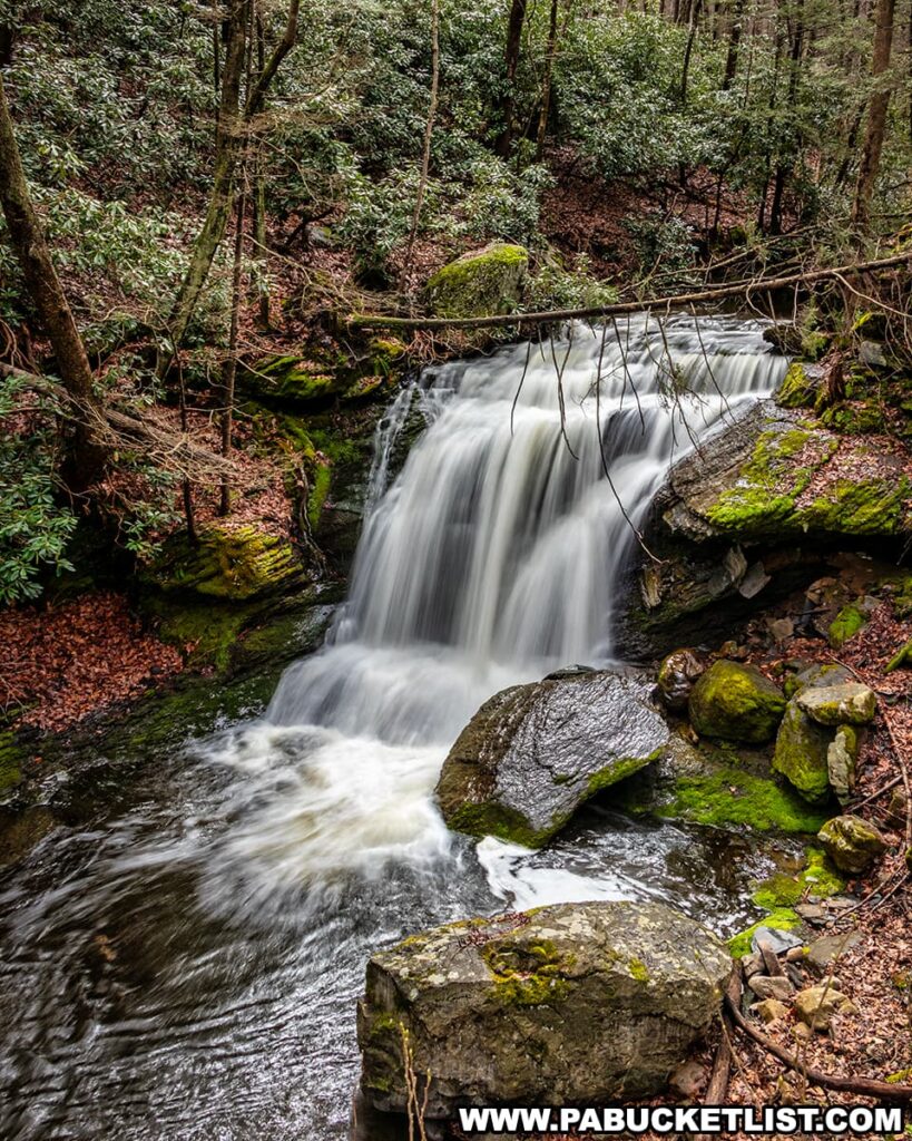 A side view of Lower Slateford Creek Falls in the Delaware Water Gap National Recreation Area in Northampton County Pennsylvania.