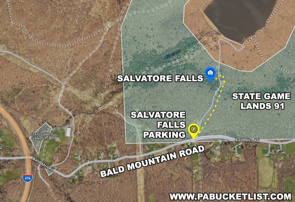 An aerial map image detailing the route to Salvatore Falls located on State Game Lands 91 in Luzerne County, Pennsylvania. The map highlights Salvatore Falls with a blue pin marker and the associated parking area with a yellow 'P' marker. The route to the falls from the parking area is indicated by a dotted yellow line along Bald Mountain Road, which traverses through a mix of wooded areas and open fields. The surrounding landscape includes patches of different terrains, with a notable road, Interstate 476, to the west of the parking area.
