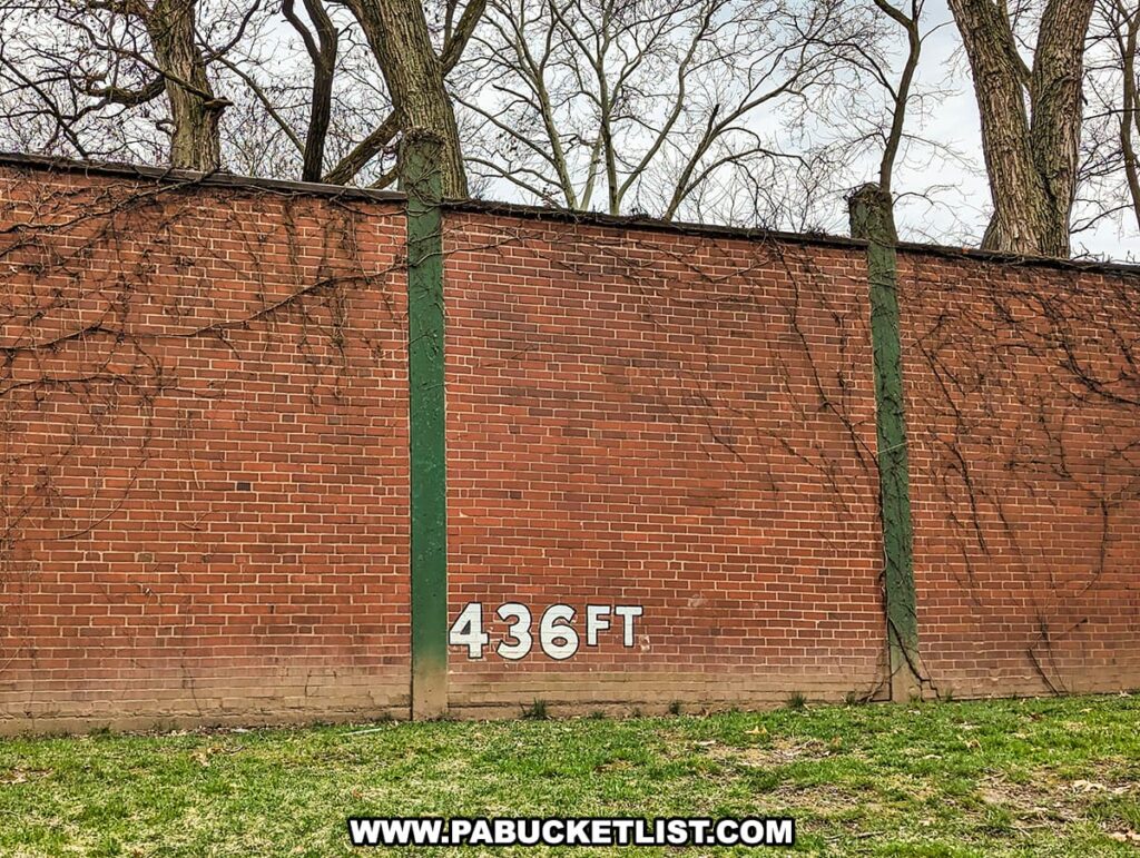 A portion of the preserved brick outfield wall from the historic Forbes Field in Pittsburgh, with the distance marker "436 FT" painted in white. Tall trees rise behind the wall, indicating the change from a bustling baseball stadium to a more serene setting. The wall stands as a monument to the bygone days of the Pittsburgh Pirates at their original home, capturing the essence of the baseball legacy in the Oakland neighborhood.