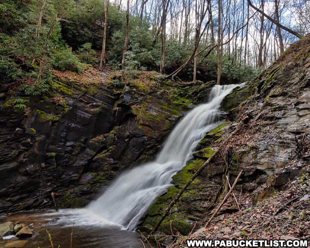 Side view of Middle Slateford Creek Falls in the Delaware Water Gap National Recreation Area in Northampton County Pennsylvania.