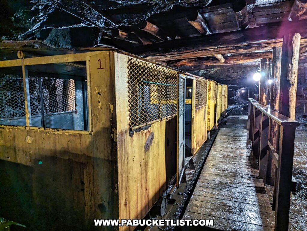A vintage mine car numbered "1" stands on the tracks inside the Number 9 Coal Mine in Carbon County, PA. The yellow-painted car with metal mesh windows is part of a train used to transport miners deep into the tunnels, as evidenced by the rugged underground environment. Overhead, heavy timber beams support the dark rocky ceiling, with a bright light in the distance illuminating the damp surroundings. The scene captures the essence of a miner's daily journey beneath the earth, offering a visceral connection to the region's coal mining past.