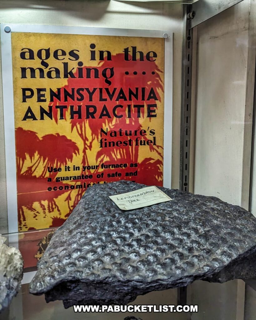 A museum display featuring a vintage advertisement for Pennsylvania Anthracite, proclaimed as "Nature's finest fuel" and "ages in the making," promoting its use in furnaces for a safe and economical option. In front of the poster is a large piece of anthracite with a textured surface, labeled with a small tag indicating it is from a Lepidodendron tree, which is a type of prehistoric plant material that contributes to the formation of coal.