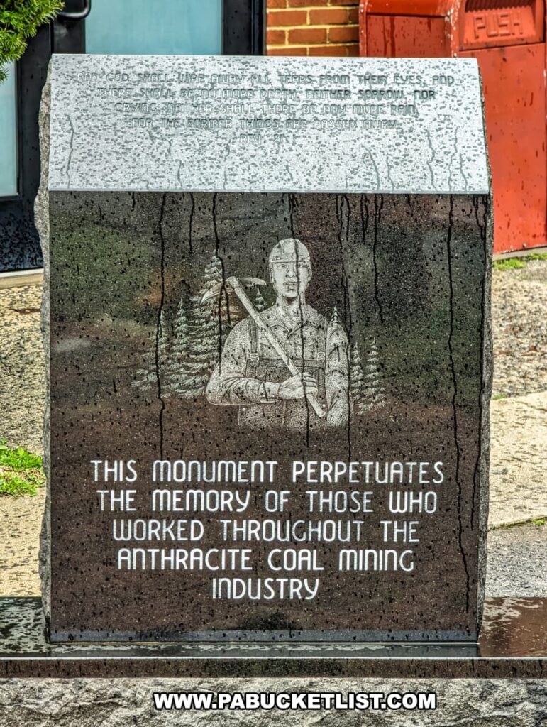 A granite monument outside the Number 9 Coal Mine and Museum honoring those who worked in the anthracite coal mining industry. The stone is etched with an image of a miner holding a pickaxe, with text below stating, "This monument perpetuates the memory of those who worked throughout the anthracite coal mining industry." Above the etching, a religious verse promises relief from hardship. The memorial stands as a somber reminder of the miners' contributions and sacrifices, set against the backdrop of the museum's brick exterior.