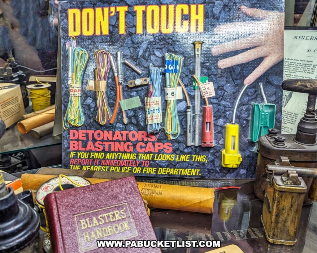 Display at the Number 9 Coal Mine and Museum featuring mining safety information. A prominent safety poster reads "DON'T TOUCH DETONATORS BLASTING CAPS" and warns to report suspicious items to authorities. Various types of detonators and blasting caps are mounted on the poster for educational purposes. In front of the poster, a collection of mining-related artifacts is exhibited, including a "Blasters Handbook," rolls of fuse wire, measuring instruments, and antique metal oil cans. The display is both a cautionary showcase and a historical snapshot of mining equipment and safety measures.