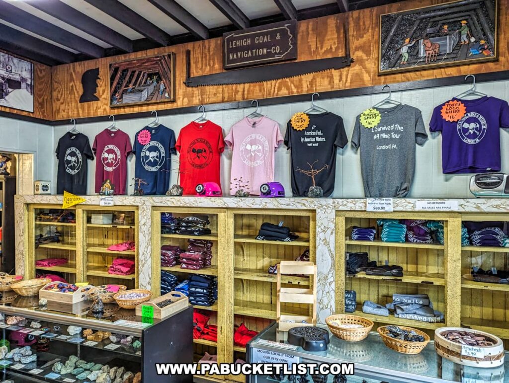 Interior of a souvenir shop at the Number 9 Coal Mine and Museum in Carbon County, PA. T-shirts with coal mining-themed designs are prominently displayed on the upper shelves, with slogans such as "I Survived the #9 Mine Tour Lansford, PA." Below, a variety of merchandise including colorful rocks and minerals, baskets, and additional apparel items are neatly arranged in glass cabinets and on wooden shelving. The shop appears to celebrate local heritage, with signs indicating that some items are molded locally from coal from the very mine. The atmosphere is rustic, with a blend of educational and commemorative items for visitors.