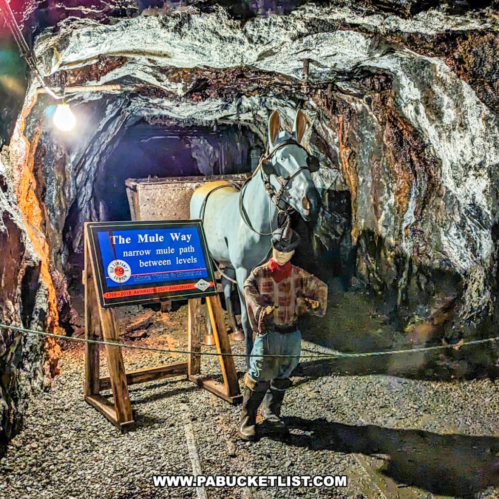An exhibit within the Number 9 Coal Mine and Museum portrays "The Mule Way," featuring a life-sized model of a mule and a mine worker, known as a 'mule boy,' positioned at the entrance to a mining tunnel. The informational sign, complete with the Old Company's Lehigh logo, explains the narrow mule paths between mining levels. The surrounding environment is authentically rugged with rocky walls and a timbered ceiling, illuminated by a single light bulb that evokes the historical atmosphere of coal mining.