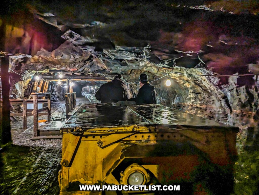 A yellow mine car with passengers descends into the depths of the Number 9 Coal Mine in Carbon County, PA. The rugged texture of the mine walls and ceiling is illuminated by overhead lights, casting a warm glow over the scene. The car's reflective surfaces shimmer with the echoes of the mine's damp environment. Timber supports and a wooden platform to the side are part of the mine's infrastructure, adding to the authenticity of the subterranean experience.