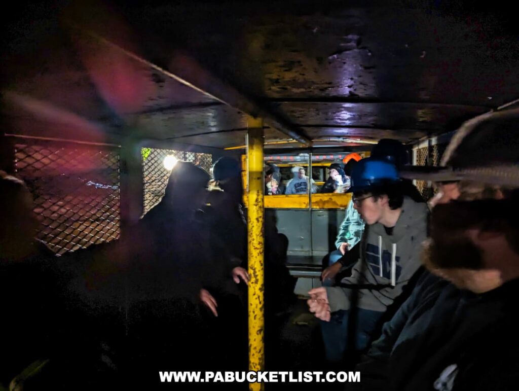 Tourists wearing hard hats are riding in a mine car through the dimly lit tunnels of the Number 9 Coal Mine in Carbon County, PA. The photo captures the passengers in a candid moment, as they experience the underground environment, with the mine car's interior structure and protective mesh visible under the artificial light, which casts shadows and adds to the ambience of the mining experience.