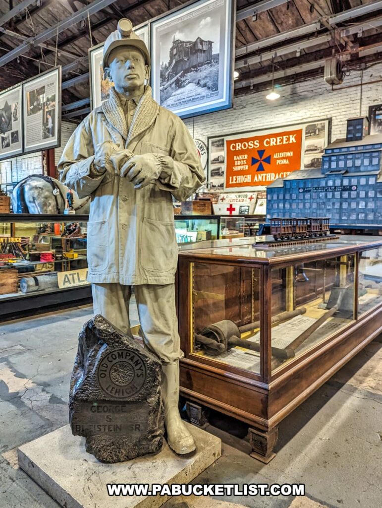 A life-sized statue of a coal miner stands in the Number 9 Coal Mine and Museum, dressed in traditional mining gear with a hard hat, headlamp, and dust coat. Next to the statue is a large lump of coal bearing the inscription "OLD COMPANY'S LEHIGH" and "GEORGE J. BLUSTEIN SR." The background features various historical photographs and mining exhibits, including a red and blue "CROSS CREEK" sign, and a display case with mining artifacts. The museum's wooden and glass display cases add to the ambiance of this historical setting.