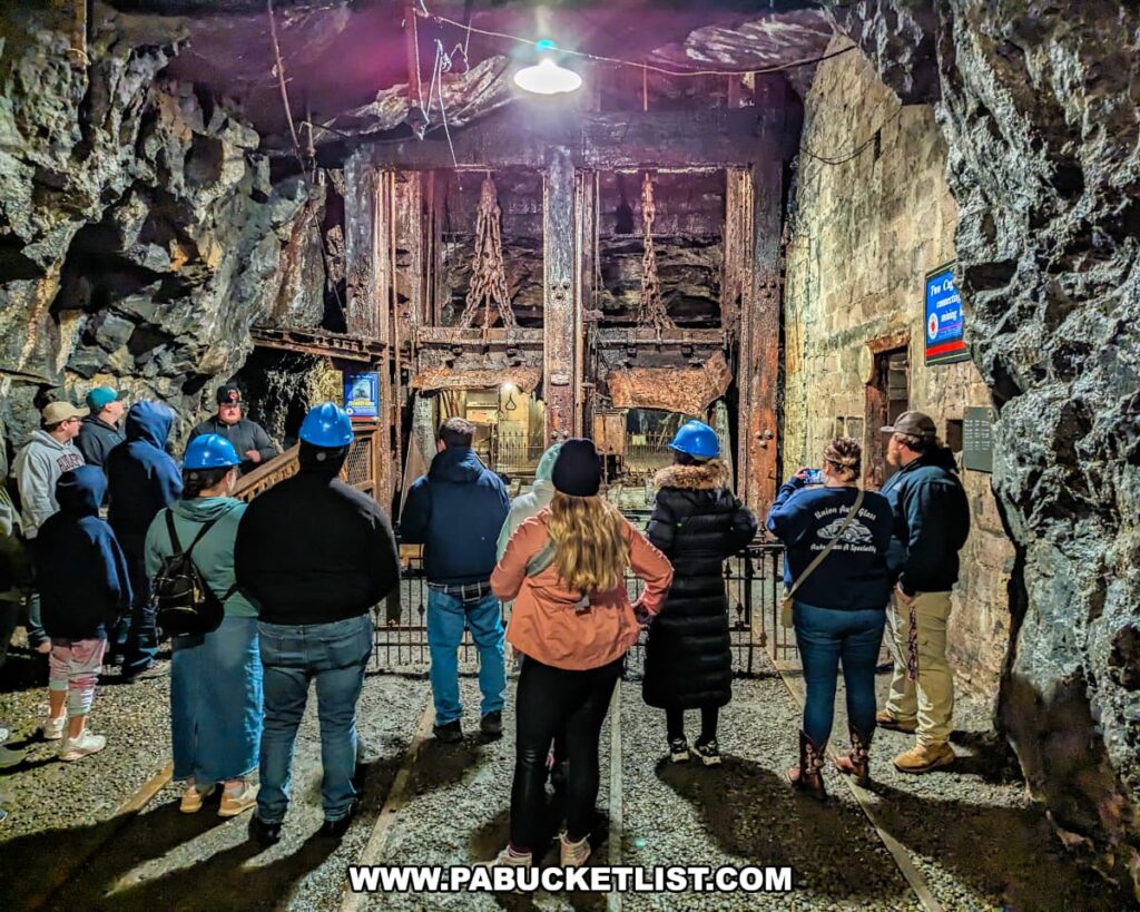 A group of visitors on a guided tour inside the Number 9 Coal Mine in Carbon County, PA, listens attentively to a guide. The visitors are equipped with hard hats for safety. They are standing in a large cavernous space of the mine, with rocky walls and ceiling. The mine's structure is supported by timber beams, and there's an old mining elevator cage in the background. Illuminated by overhead lights, educational signs are also visible on the mine's walls, enhancing the tour experience.
