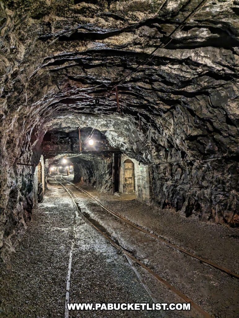 An interior view of the Number 9 Coal Mine tunnel in Carbon County, PA. The photo captures the rough and textured rock ceiling and walls of the mine, with a track laid out along the ground for mine carts. Electrical lines run along the top, illuminating the tunnel with sporadic lights. The perspective leads the viewer's eye down the track, giving a sense of depth and the dark, enclosed nature of the mine environment.