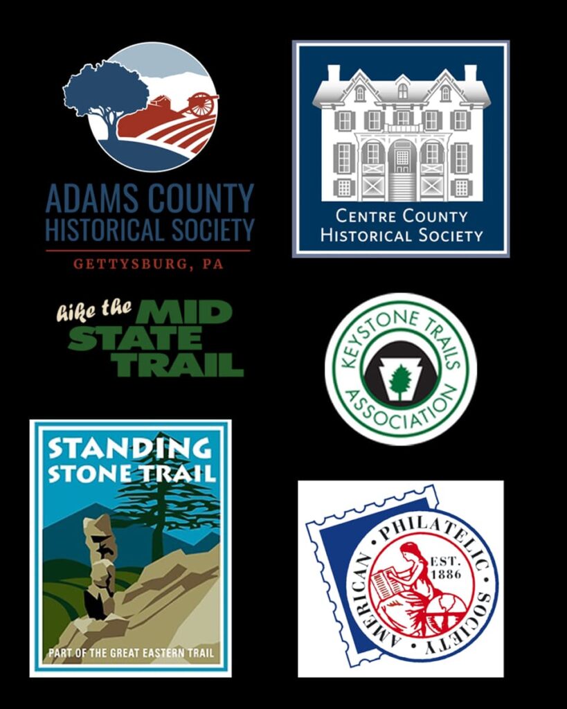 Organizations PA Bucket List is affiliated with in 2024, including the Adams County Historical Society, the Centre County HIstorical Society, the Mid State Trail, the Standing Stone Trail, the Keystone Trails Association, the American Philatelic Society, and the Central PA Civil War Round Table.