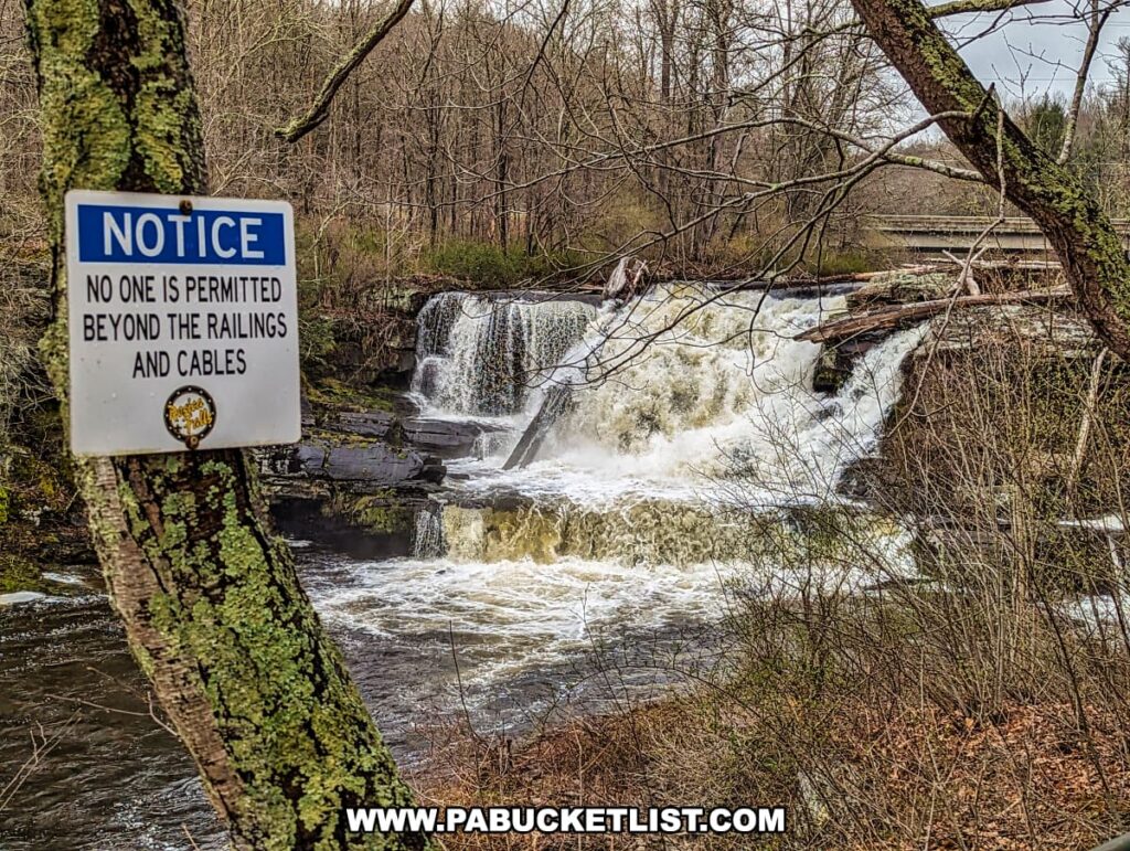 In the foreground, a moss-covered tree trunk displays a blue and white notice sign that reads "NO ONE IS PERMITTED BEYOND THE RAILINGS AND CABLES," indicating a safety boundary for visitors. In the background, the powerful Resica Falls can be seen, with water energetically cascading down the layered rock ledges into a foamy pool below. The falls are framed by a mix of leafless and evergreen trees, with a simple bridge visible in the distance, all set within the Resica Falls Scout Reservation in Monroe County, Pennsylvania. The scene captures the juxtaposition of man-made safety measures within a wild and natural setting.